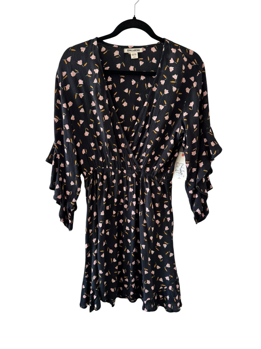 NWT Billabong Black Floral V-Neck Ruffle Sleeve Dress - Pink Print
